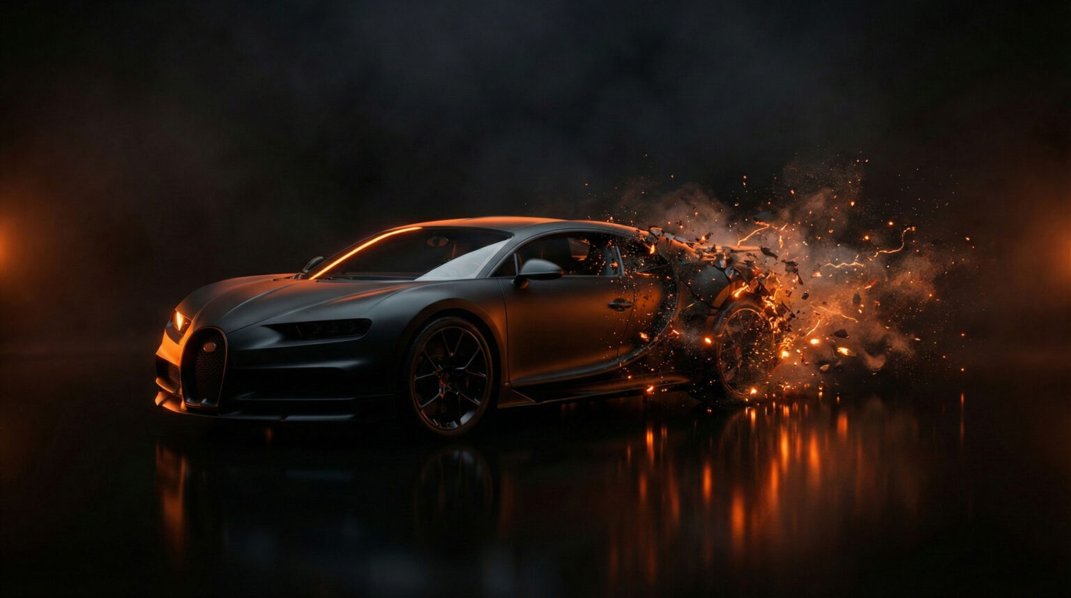 تصویر سه بعدی یک ماشین مسابقه مشکی که در حال حرکت با سرعت بالا متلاشی میشود؛ نماد بصری رشد پیش از موعد (Premature Scaling) فروش و خطر ورشکستگی استارتاپها بدون استراتژی رشد.