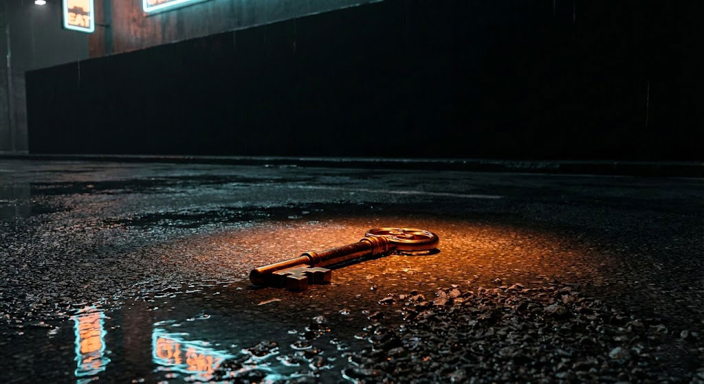 نمای نزدیک و سینمایی از یک کلید طلایی و خوشساخت که روی زمین آسفالت خیس و تیره رها شده است، با پسزمینه دیوار سیاه بدون در، نماد محصول عالی اما بدون کاربرد. تناسب محصول با بازار