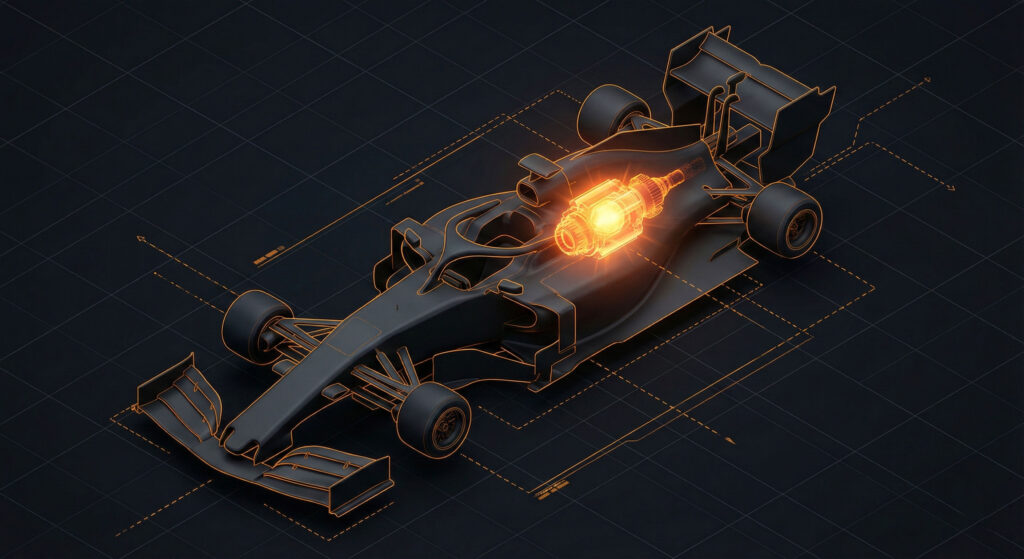 نمای انفجاری و فنی از اجزای یک خودرو با موتور نارنجی درخشان؛ استعاره از تفاوت بازاریابی (بدنه)، فروش (راننده) و استراتژی رشد (موتور) در معماری کسبوکار.