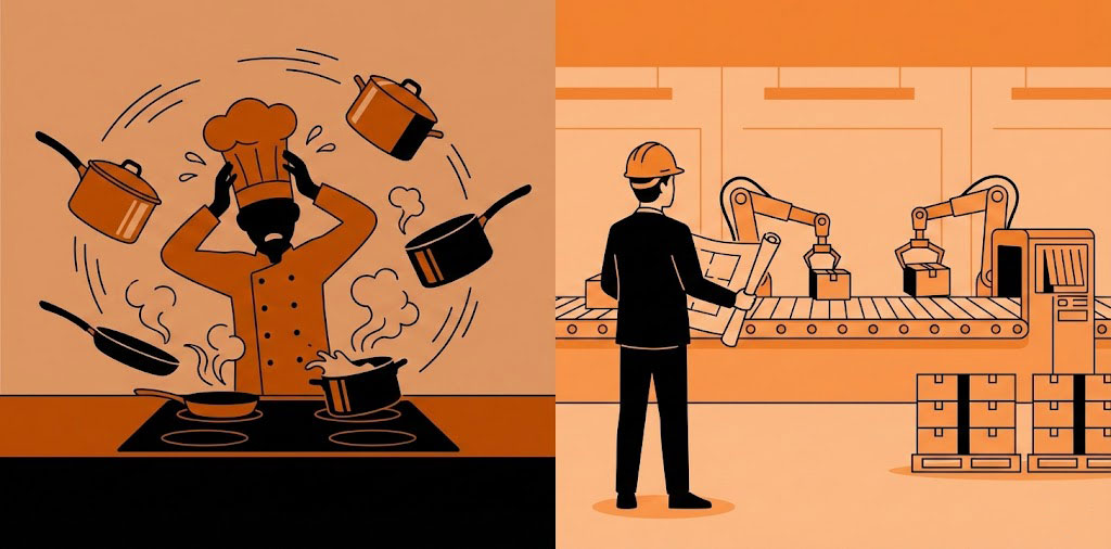 مقایسه تفاوت ذهنیت متخصص (آشپز) و معمار سیستم (طراح).