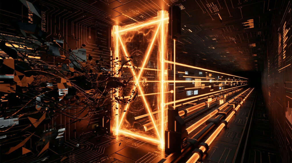 گیت بازرسی لیزری نارنجی رنگ در فضایی تاریک؛ نماد قانون ایست بازرسی و لزوم سنجش تناسب محصول با بازار (PMF) پیش از شروع کمپینهای تبلیغاتی.