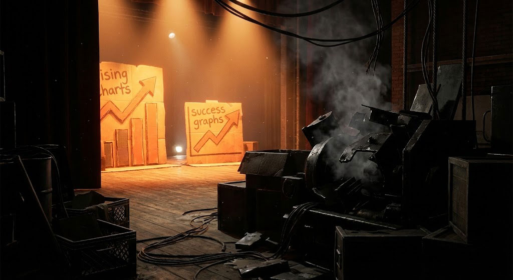 نمای پشت صحنه یک تئاتر که در جلوی صحنه دکورهای مقوایی نمودارهای رشد نارنجی دیده میشود، اما در پشت صحنه تجهیزات خراب، دودکننده و فلزات پیچخورده سیاه وجود دارد.