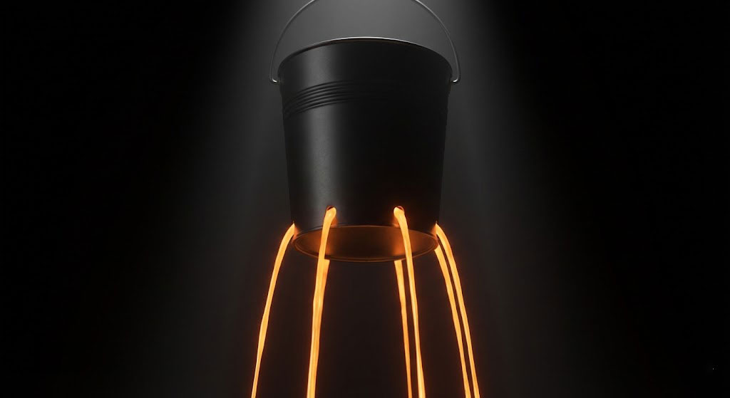 تصویر مفهومی یک سطل فلزی مشکی که مایع طلایی از سوراخهای آن نشت میکند؛ نمایش دهنده مفهوم نرخ ریزش مشتری (Churn Rate) و هدر رفتن بودجه در نبود سیستم بازگشت مشتری.