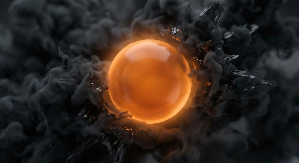 تصویر انتزاعی از یک گوی نارنجی درخشان و آرام که در مرکز یک طوفان آشوبناک سیاه و دودی قرار گرفته و تاریکی را عقب میراند، نماد محصول مسکن.